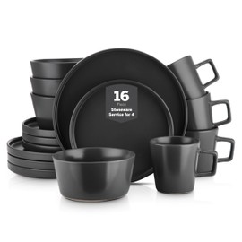 Stone Lain Celina Stoneware 16 Piece Dinnerware Set, Plates and Bowls, Black Matte Dish, Service for 4 – Minimalist Round Style, Microwave & Dishwasher Safe