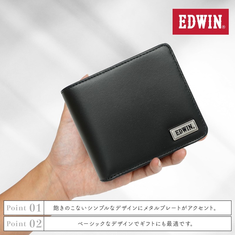 Edwin 0510745 Bi-Fold Wallet, Recycled Leather, Metal Logo, Bill Storage,
