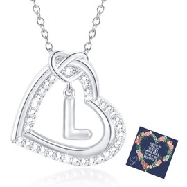 Esmoly Women's Silver Necklace Women's Cubic Zirconia Heart Pendant Chain with Letters A-Z Necklace Women's Gifts for Women Girlfriend 17.2 + 2 Inches, Copper, Cubic Zirconia