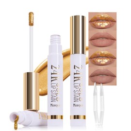 JUAAZIN 2Pcs 2025 New Gold Liquid Lip Gloss Peel Off Lip Stain Tattoo with Tweezer, Lips Stain Peel Off Masque, Long Lasting Waterproof Lip Tint Stain, Transfer-proof for All Skin Types 01#+02#