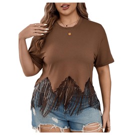 SHENHE Women's Plus Size Fringe Top Sequin Short Sleeve Western Rave Crop Tops Tshirt Brown XX-Large Plus