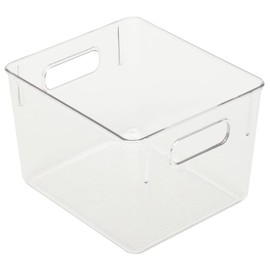 Home Basics Plastic Fridge Bin, Clear | Shatter Resistant Plastic | Handles on Both Sides | Open Top Design | Rubber Bottom Liner (Medium)
