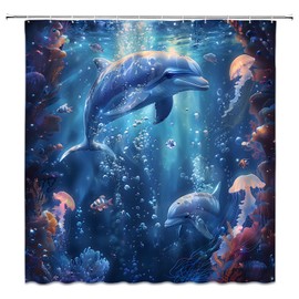 EVRCVAR Dolphin Shower Curtain Blue Ocean Jellyfish Coral Underwater World Tropical Fish Bubble Deep Sea Animal Nautical Bathroom Curtain Fabric with Hooks(70" WX70 H)