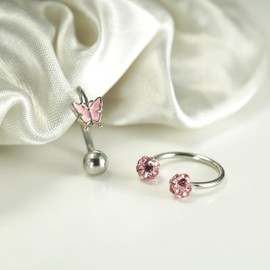 TRBR 16G 2PCs Cute Pink Butterfly Lip Rings, Snake Bite Jewelry for Snake Bites Piecing, Horseshoe Labret Jewelry for Lip Piercing, 16G-8mm, Stainless Steel, cubic zirconia