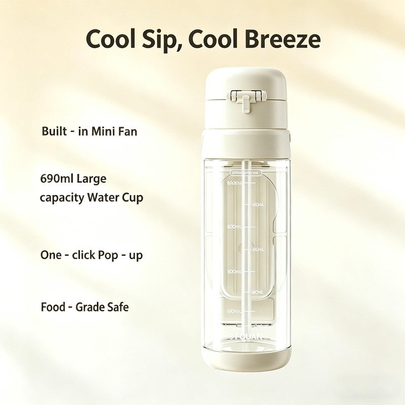 CRILEAL 2-in-1 Water Bottle with Foldable Fan, 690ml Portable Cooling
