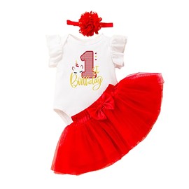 xuntao Baby Girl 1st Birthday Outfit Dress Long Sleeve Bodysuit Romper Princess Tutu Tulle Skirt with Headband 3-Piece Photo Shoot Red 1 6-12 Months, red