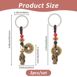 SUPERFINDINGS 2Pcs The God of Wealth Statue Keychain Fortune Pendant Keychains Feng Shui Coins Keyrings Alloy Mascot Keyrings With Circle Ring for Purse Car Keys Backpack