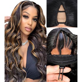 V Part Wig Human Hair Body Wave Upgrade Glueless Wigs Human Hair U part Half Wigs With Clip in Vpart Human Hair Wig Beginner Friendly Real Hair wigs for Women #1B/30 Color 180% Density 16inch
