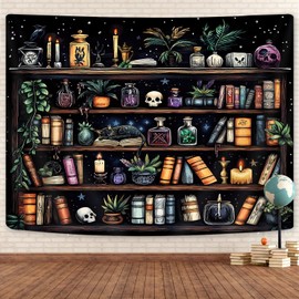 Magical Library Bookshelf Tapestry - Vintage Fantasy Dark Witchy Gothic Hippie Cool Aesthetic With Skull and Black Cat - For Ceiling, Bedroom, Study, Classroom, 60X40