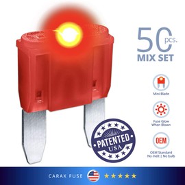 CARAX Premium Mini Blade 50 pcs. Assortment Kit LED Automotive Fuse Smart Auto Glow Fuse Easy Identification Mix 50 pcs.