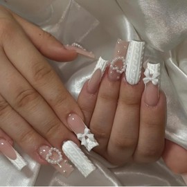 Valentines Press on Nails Long Heart Fake Nails Square False Nails White Acrylic Nails with Bow Pearl Charm Design Full Cover French Glue on Nails Valentines Nails for Women Girls Manicure Decoration