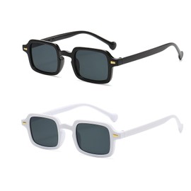 LJCZKA 2 Pairs of Vintage Square Sunglasses for Men and Women Rectangular Retro Small Glasses UV Protection, Black, grey and white grey