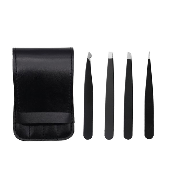 4-Piece Stainless Steel Tweezers Set - Black | Straight, Slant & Tip Eyebrow Tweezers | Splitter Tweezers | For Men and Women