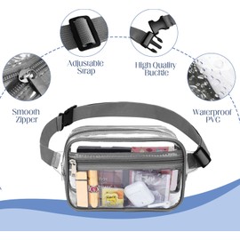 Clear Waist Packs for Women, PVC Clear Bum Bag with Adjustable Strap, Waterproof Belt Bag, Small Crossbody Bag for Travel Party Sports Running Hiking Daily Use (Grey)