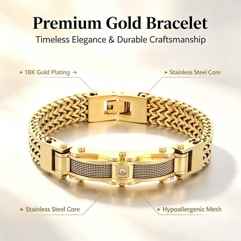 Klapgo Gold Stainless Steel Bracelet for Men with Cubic Zirconia,