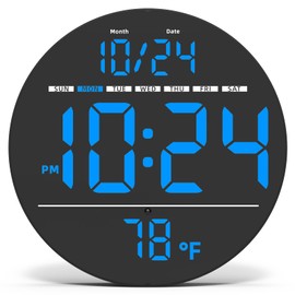 Digital Wall Clock with Large LED Display, Auto-Brightness, Temperature, Low-Reflectivity, Small Silent Non-Ticking Modern Electric Wall Clock for Bedroom, Living Room, Office, Classroom, Farmhouse