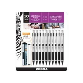 Zebra Pen M-301 Stainless Steel Mechanical Pencil, Premium Metal Barrel, Medium Point, 0.7mm, Black Grip, 10-Pack Plus Lead and Erasers, (54319)
