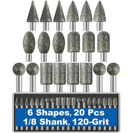 20Pcs 120-Grit Diamond Grinder Bit 1/8" Shank Compatible with Dremel Rotary Tool Attachment Accessories Grinding Burrs for Stone Glass Resin Porcelain Ceramic Quartz Glaze Steel Carve Engrave Polish