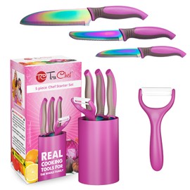 TruChef 5-Piece Kids Knife Set for Real Cooking | Stainless Steel Chef, Paring & Serrated Knives with Peeler & Holder | Safe Junior Chef Cooking Set for Kids (5 pcs, Pink)