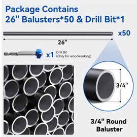 BYDREM 50 Pack 26'' × 3/4'' Round Aluminum Deck Balusters, Balusters for Deck Railing, Stair Balusters, Deck Spindles, Stair Spindles, Aluminum Deck Railing, Matte Black