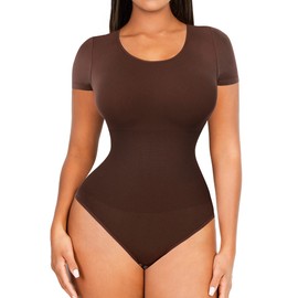 FeelinGirl Seamless Women's Short Sleeve Tummy Control Shapewear Scoop Neck Thong Sculpting Top JumpSuit BodySuit, Brown XL/XXL