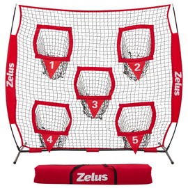 ZELUS 6 x 6ft Football Throwing Net, Quarterback Training Equipment with 5 Target Pockets, Football Practice Throwing Passing Accuracy Trainer with Carry Bag Ground Stakes for Kids Adults, Red