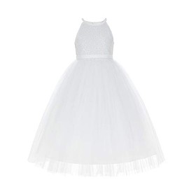Sequin Halter Junior Flower Girl Dress Ceremonial Gown Communion Baptism 202 6 White