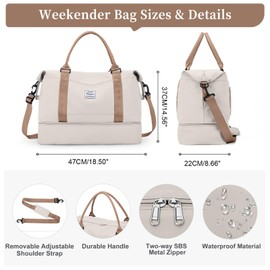 Travel Bag with Shoe Compartment, Large Capacity Duffel Bag,Dry Wet Separated Weekend Bag Lightweight Overnight Bag Gym Bag Holdall Cabin Airplane for Sports Hospital Bag,Light Beige(Brown Strap)