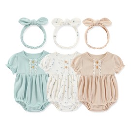 MAMIMAKA Newborn Baby Girl Clothes 3 Pack Cotton Bubble Romper with Headband, 6-9 Months