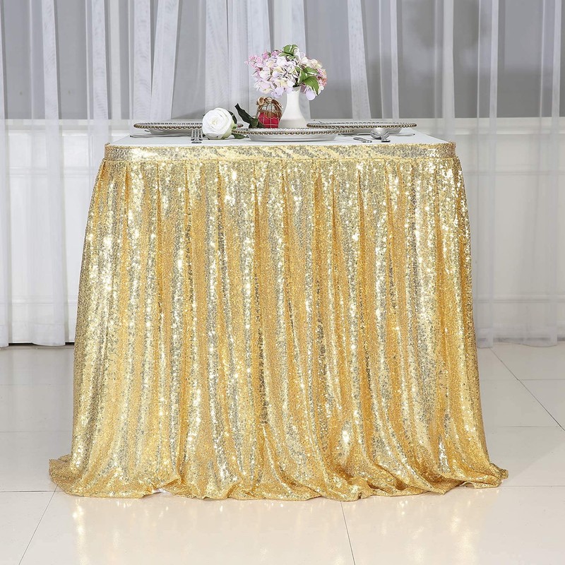 PartyDelight 6ft Gold Sequin Table Skirt for Round/Rectangle/Square Table for