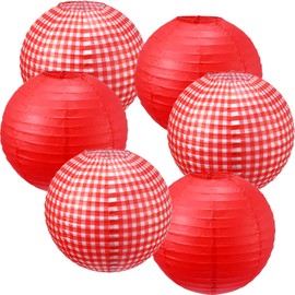 Blulu - Linternas redondas de papel rojo para decoración de fiesta de picnic, decoración de fiesta de pizza, suministros de fiesta rojo y blanco (cuadros blancos y rojos, rojo puro, 6 piezas)