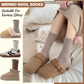Women Merino Wool Socks Winter Warm Thermal Thick Hiking Cozy Comfy Crew Socks Stocking Stuffers Gifts for Womens 5 Pairs(Black/Khaki/Beige/White)