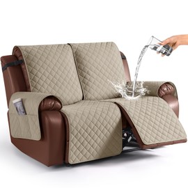KinCam Waterproof Loveseat Recliner Cover, Non-Slip Reclining Couch Covers for 2 Seat, Recliner Sofa Cover Furniture Protector with Elastic Straps for Kids, Pets, Khaki
