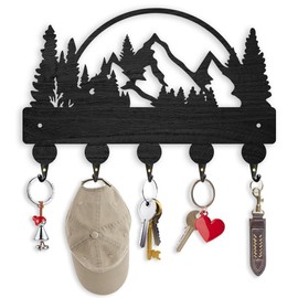 ORIGACH Black Mountains and Forests Wooden Key Holder for Wall Wood Key Rack with 5 Metal Hooks Wall Mounted Mountains Key Hooks for Front Door Kitchen Entryway Hallway - 11.8x6.7inch