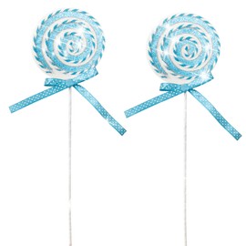 2 Pcs Peppermint Candy Cane Picks, 15.7Inch/40cm Big Size Swirl Candy Spray Christmas Peppermint Lollipop Picks Fake Swirl Xmas Sweets Craft Tied with Bow for Xmas Holiday Party Supply (Light Blue)
