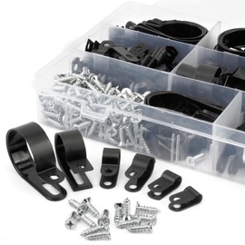 RGBZONE 200pcs 5.3mm-30mm Multi-Size R-Type Cable Clips Wire Clips - Nylon Wire Clamp Set with 200pcs Stainless Steel Screws for Professional Cable Management (Black)