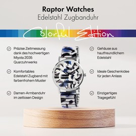 Raptor Colorful Edition Damen-Uhr Zugband Edelstahl Motiv Bunt Print Analog Quarz RA10205