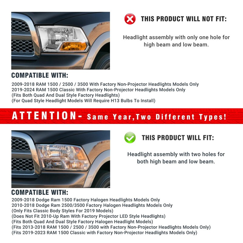 ADCARLIGHTS for 2009-2018 Dodge Ram Headlight Assembly compatible with 09-18
