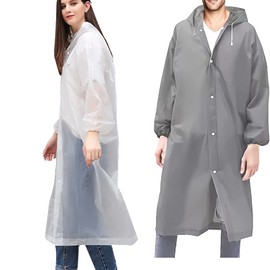 xutong 2 Pack Adult Waterproof Rain Ponchos, Portable & Reusable, with Hood & Sleeves for Camping, Travel, Emergency Conditions(Transparent & Grey)