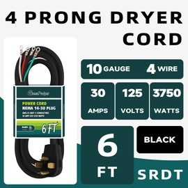 GreenProsper 4 Prong Dryer Cord 6 Ft, 4 Wire Plug, 30 Amp Appliance Power Cord, NEMA 14-30 Dryer Extension Cord, SRDT, Black