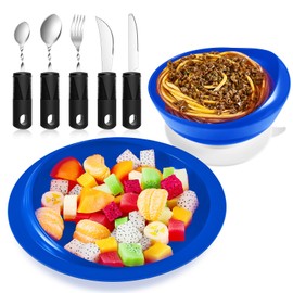 2 Sets Adaptive Utensils Bowl and Plate Set Adaptive Self Feeding Dinnerware with Suction Base Non Slip Bendable Cutlery for Elderly Disabled Hand Tremors Arthritis Parkinson(Blue)