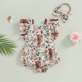 Karuedoo Western Baby Girl Clothes Cow Print Romper Ruffle Sleeveless Jumpsuit Bodysuit Headband Infant Cowgirl Outfit (Pink, 12-18 Months)
