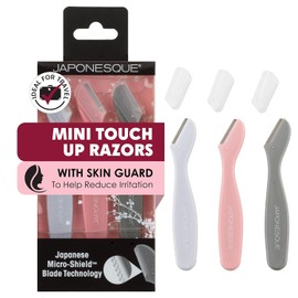Japonesque- Mini afeitadoras de retoque - Juego de herramientas de dermaplaning de tamaño de viaje - Kit de 3 mini afeitadoras de viaje, afeitadora dermaplaning de una hoja fija para mujeres