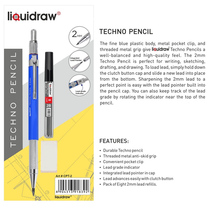 Liquidraw Mechanical Clutch Pencil 2mm With 8 x 2B Leads,