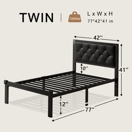 Einhomn Twin Metal Bed Frame, Twin Platform Bed Frame with Button Tufted Faux Leather Headboard, Sturdy Steel Slats, No Box Spring Needed,12" Underbed Storage, Noise Free, Black