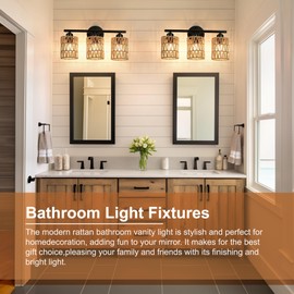 Frideko 3-Light Bathroom Vanity Light Fixtures, Modern Rattan Bathroom Lighting Fixtures Over Mirror, Boho Wall Sconces with Woven Lampshade, Black Wall Lamp for Farmhouse Living Room Bedroom