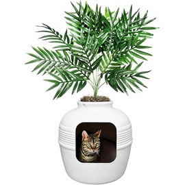 Good Pet Stuff Hidden Cat Litter Box Enclosure with Artificial Plant, Decorative Round Planter, Vented Carbon Charcoal Filter for Odor Control, Easy-to-Clean, Made in USA, Base Kit, White