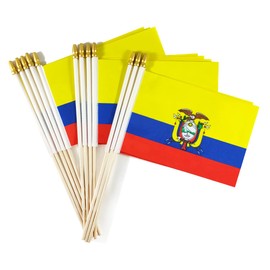 Newperlite Ecuador Stick Flag Ecuadoran Small Mini Hand Held Flags - Solid Wooden Pole and Spear Top,12 Pack, 5x8 Inches