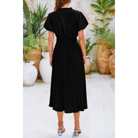 PRETTYGARDEN Womens Summer Midi Dresses Puff Short Sleeve V Neck Swiss Dot Pleated A Line Flowy Long Wedding Guest Dress (Black,Medium)