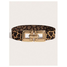 Floerns Women's Wide Elastic Belt Vintage Leopard Square Symmetrical Buckle Belt, Brown, suit waist size:25.6-29.5"